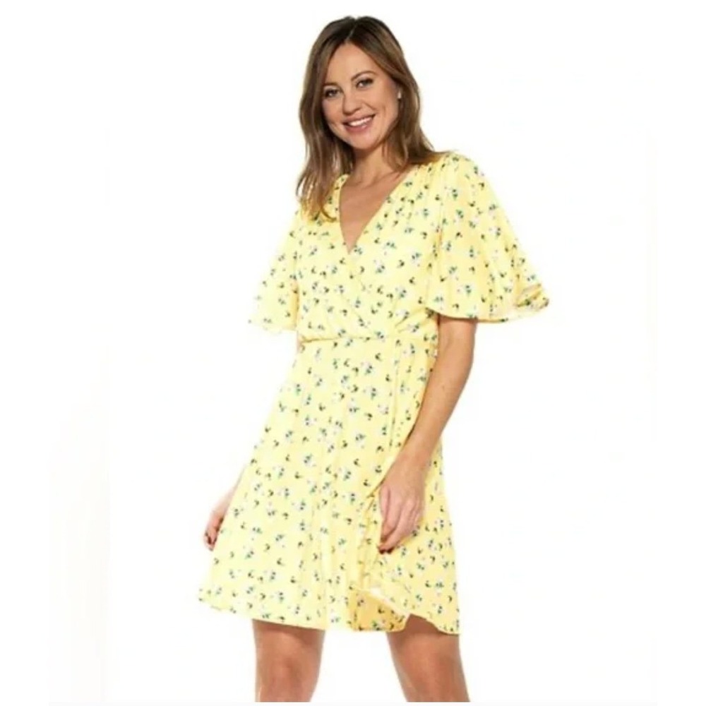 Alexia Admor Floral Faux Wrap Mini Dress Large Yellow Flutter Sleeve D3795